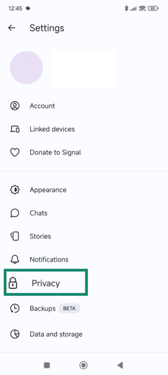 Android Signal Settings screen with the Privacy option highlighted.