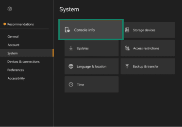 The Xbox settings screen, showing the console info option.