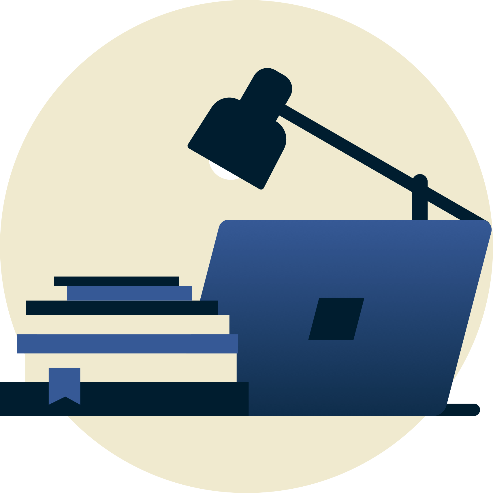 Lampe au-dessus des manuels scolaires et ordinateur portable tourné vers l'extérieur.