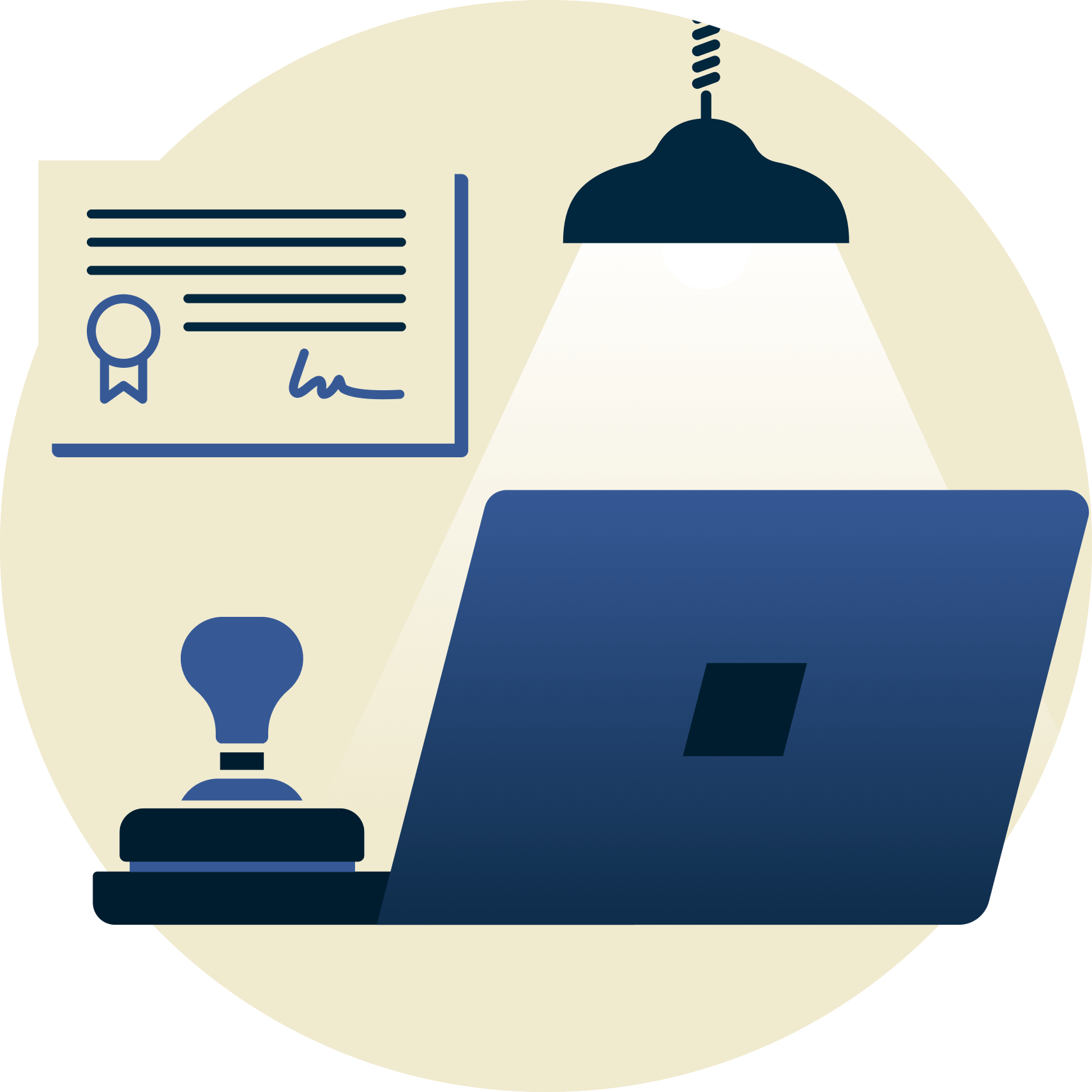 Lampe sur un tampon en caoutchouc et un ordinateur portable, avec un certificat en arrière-plan.