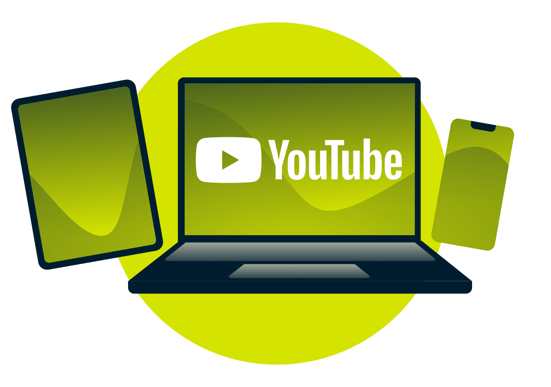 Un ordinateur portable, une tablette et un smartphone, avec le logo YouTube.