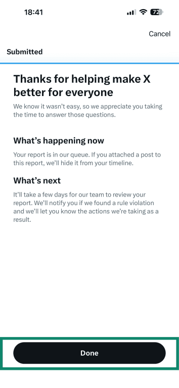 The final step of reporting impersonation on X.