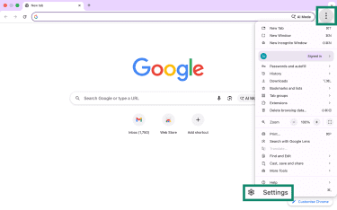 Settings option in Google Chrome on desktop.