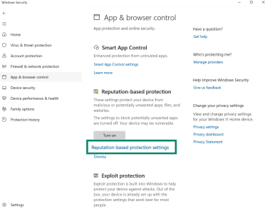 Windows Security App & browser control page with the Reputation-based protection settings option highlighted