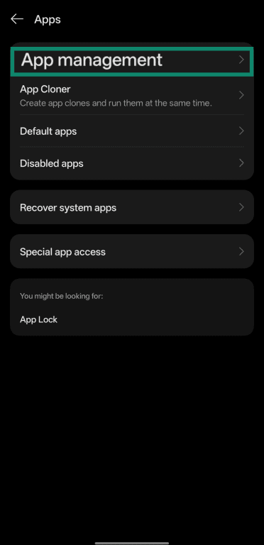 Accessing the App management menu on Android.