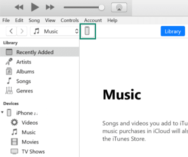 iTunes app on Windows laptop with an iPhone icon highlighted.