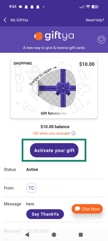 The GiftYa gift card activation screen on the official GiftYa app.