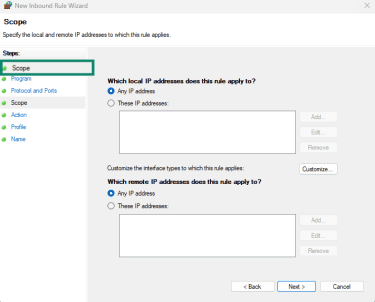 Defining which IPs can send pings under "Scope" in Windows Defender Firewall with Advanced Security.