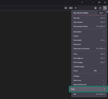 Firefox's main menu, with the "Help" option highlighted.