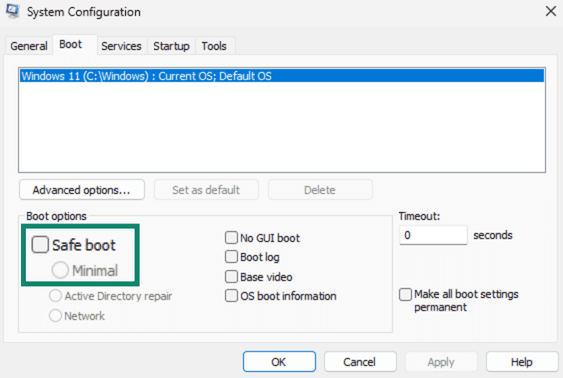 Windows System Configuration dialog box with the Safe boot option disabled.