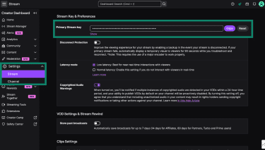 Twitch Stream settings page with Primary Stream key option highlighted.