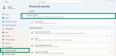 Windows Privacy & security settings with Windows Security option highlighted.