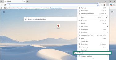 Microsoft Edge Settings and more menu with Settings option highlighted.