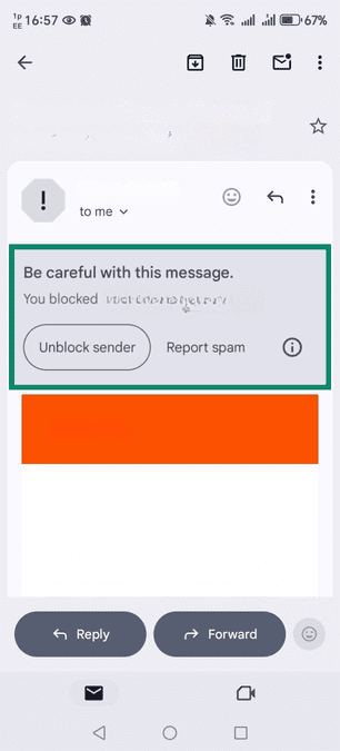 Gmail's Android app with a notice showing the email address is now blocked