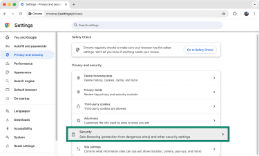 The Security segment highlighted under the "Privacy and Security" group of settings.
