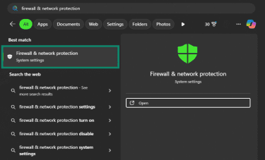 Firewall & network protection in Windows search results.