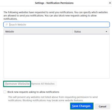 In the Firefox Notifications section the Remove Website and Save Changes options are highlighted.