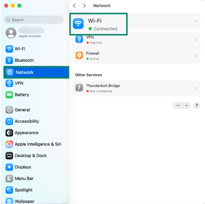 Wi-Fi under Network settings on macOS