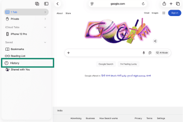 History option in Safari sidebar on iPad.