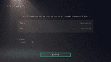 The PlayStation 5 removable media file transfer window. The "Back Up" button is highlighted.
