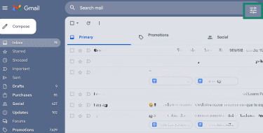 Gmail search bar with filter icon highlighted.