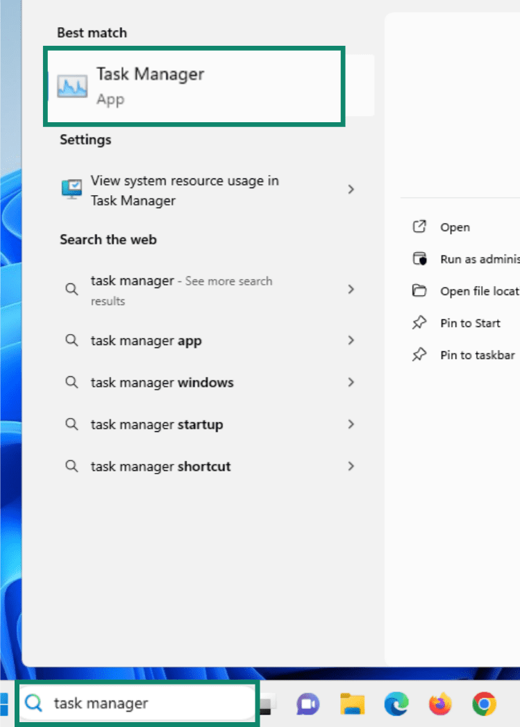 Windows 11 taskbar showing the “Task Manager” option highlighted.