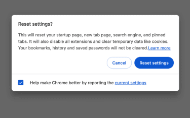 Chrome reset settings approval screen.
