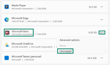 "Uninstall" option highlighted for the adware app on Windows 11.