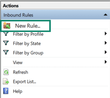 WIndows Defender advanced settings window showing New rules is highlighted.