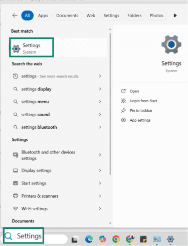 Settings is typed in the Windows search bar, and the settings gear is highlighted.