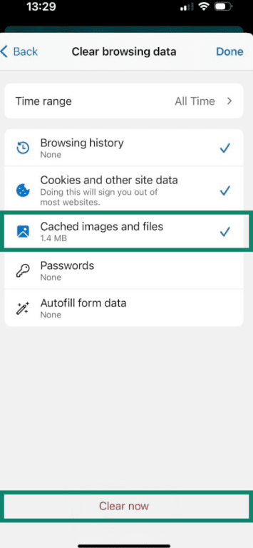 Edge open on Android with clear browsing data menu showing and Cached images and files highlighted