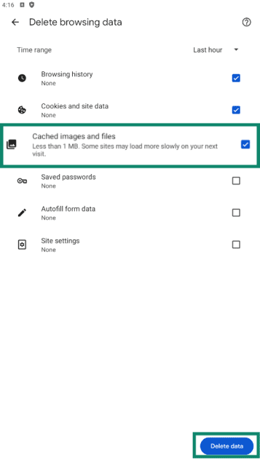Google Chrome on Android showing more options for deleting browser data with cached images and files highlighted
