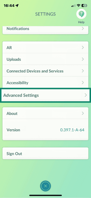 Pokémon GO on iOS Settings menu with Advanced Settings highlighted