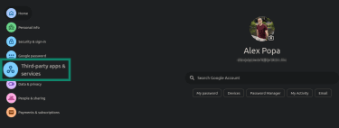 "Third-party apps & services" option highlighted in the Google account settings.