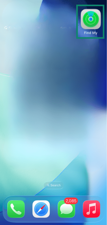 iPhone homescreen showing Find My app.