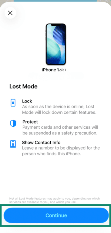 iPhone Lost Mode settings explaining what it's about, with Continue button highlighted.