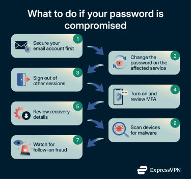 Seven critical steps to take after a password compromise, from securing email to monitoring for fraud.