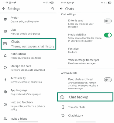 WhatsApp chat backup settings.