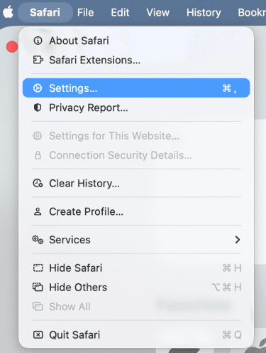 Safari menu on macOS with Settings option selected.