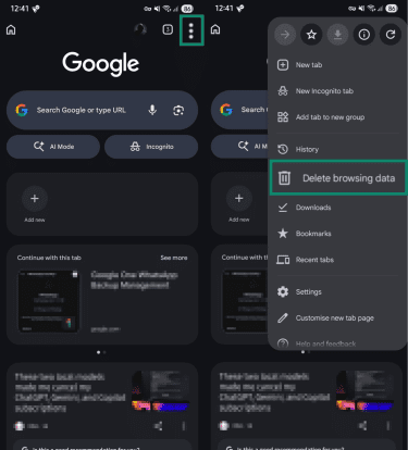 Three-dot icon and "Delete browsing data" button highlighted in the Chrome settings on Android.