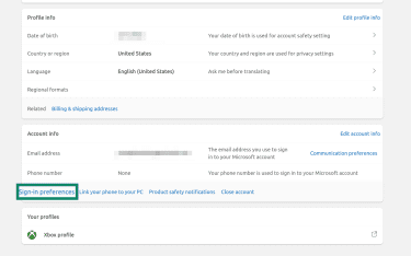 Microsoft account page showing Account info and Sign-in preferences.