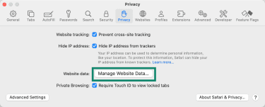 Safari Privacy settings panel with “Manage Website Data” button highlighted.
