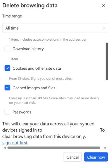 Edge Delete browsing data pop-up with All time selected and checkboxes for cookies and cached files checked.