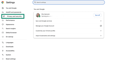 Google Chrome Privacy and security settings.