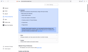 Firefox Privacy & Security settings showing Enhanced Tracking Protection set to Standard.