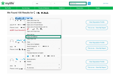 A list of search results on MyLife.com, with the "Copy Link Address" option and the "City and Zip" field highlighted.
