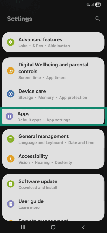 Apps option in Android Settings
